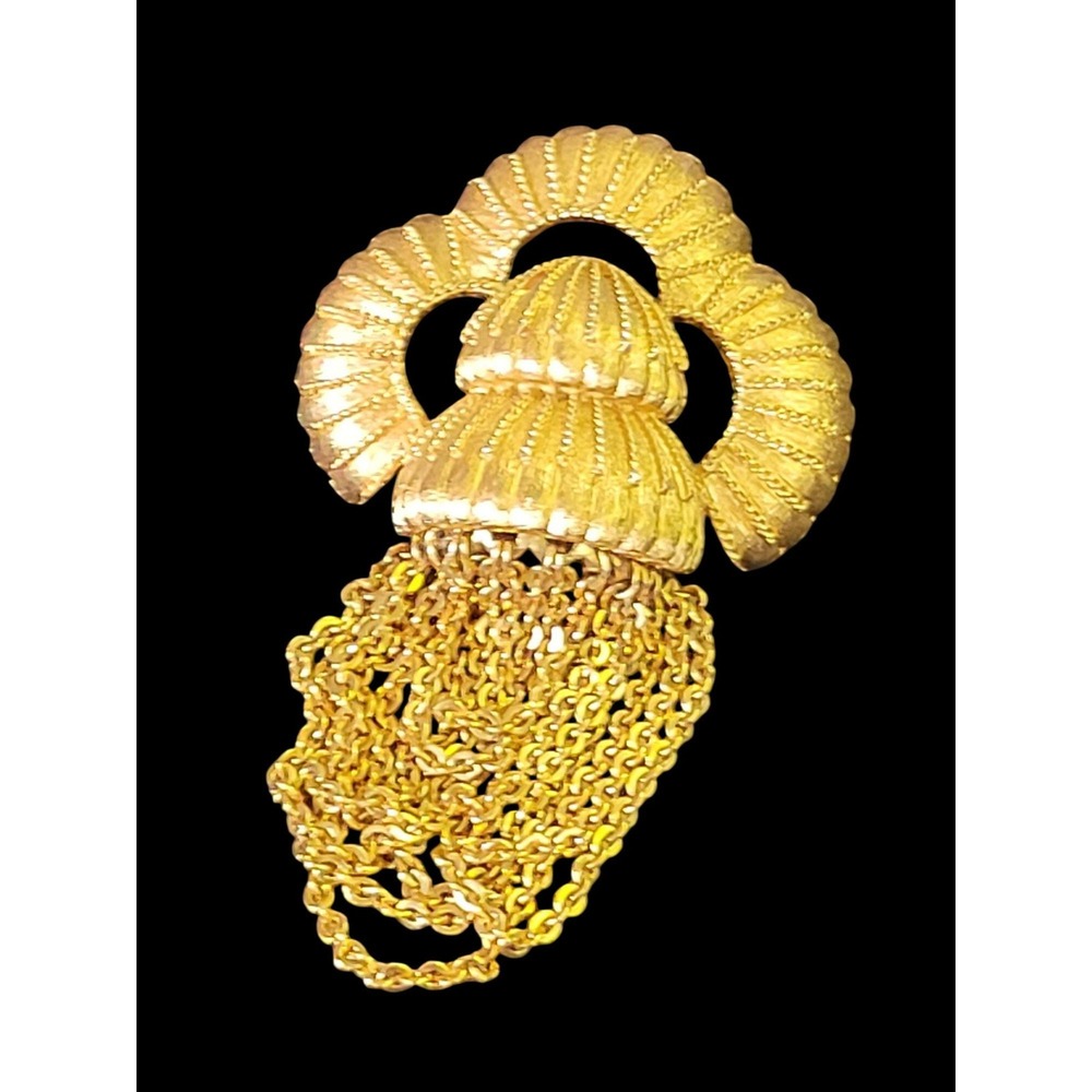 Monet Gold Tone Etruscan Brooch With Chain Tassels Vintage Statement Pin